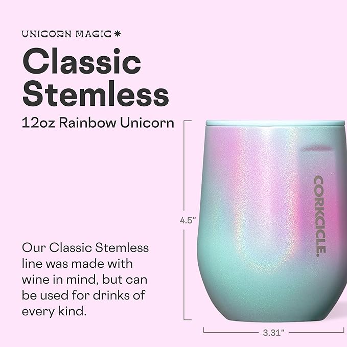 Corkcicle Stemless Wine Tumbler - Keeps Drinks Cold for 6 Hours - Triple-Insulated Stainless Steel - Non-Slip Base - Summer Drinkware Gift - Keeps Drinks Ice Cold - 12 oz - Rainbow Unicorn