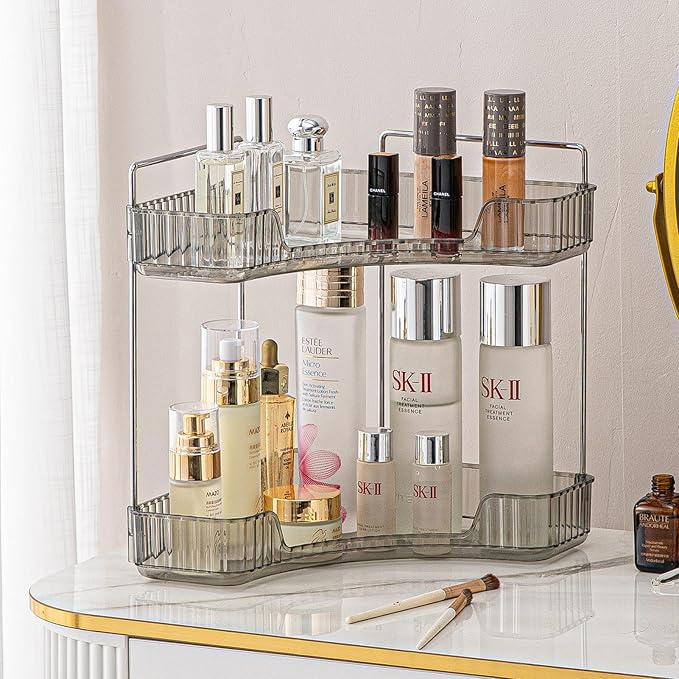 2-Tier Corner Bathroom Counter Organizer – Classic Storage Shelf for Makeup, Perfume & Toiletries, Space-Saving Countertop Tray Fits Bathroom, Dresser, Kitchen (Slate Gray)