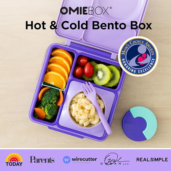 OmieBox Bento Box for Kids - Insulated Bento Lunch Box with Leak Proof Vacuum Insulated Food Jar - 3 Compartments, Two Temperature Zones (Purple Plum)