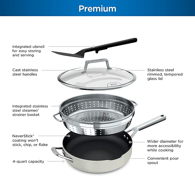 Ninja CW102WH Foodi NeverStick PossiblePan, Premium Set with 4-Quart Capacity Pan, Steamer/Strainer Basket, Glass Lid & Integrated Spatula, Nonstick, Durable & Oven Safe to 500°F, Vanilla Bean