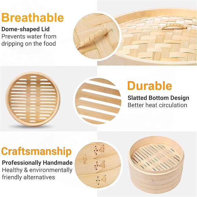 Bamboo Steamer - 2-Tier 10 Inch for Cooking Dim Sum, Momo, Rice - Chinese Basket for Bao Bun, Dumplings - Japanese Steaming
