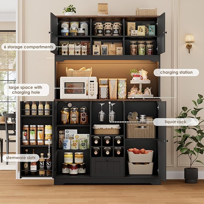 FINETONES 71" Pantry Cabinet with LED Light and Charging Station, Kitchen Pantry Cabinet with Microwave Stand, Kitchen Hutch Food Storage Cabinet with Outlet and Wine Racks, Black