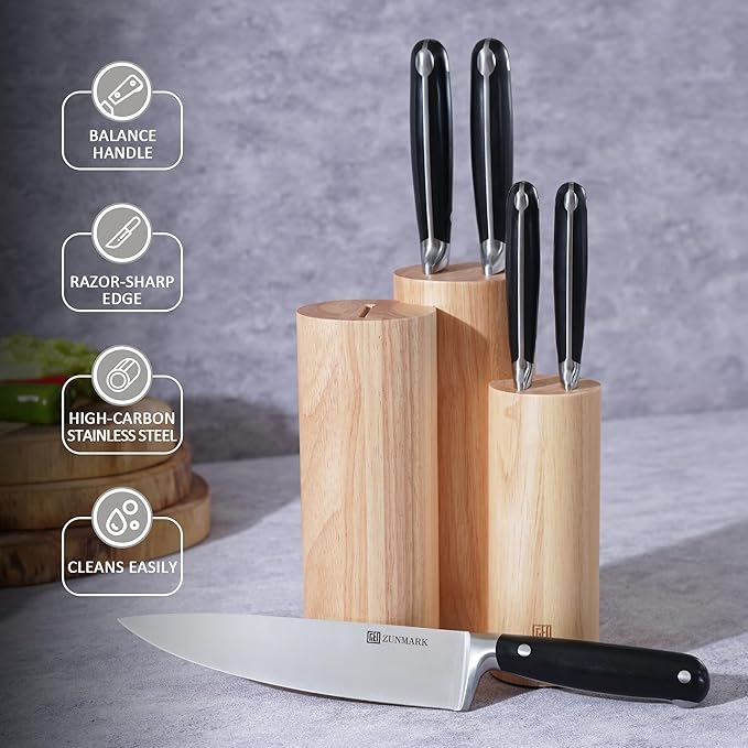 Kitchen Knife Set, Skylark Series 6-Piece High Carbon X50CrMoV15 Steel Professional Chef Knife Set with Solid Wood Block, Unique Design Knife Block Set, Dishwasher Safe, Elegant Black