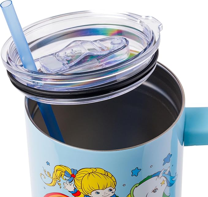 Silver Buffalo Rainbow Brite Featuring Starlite Stars Stainless Steel Tumbler with Handle and Straw, Fits in Standard Cup Holder, 40 Ounces