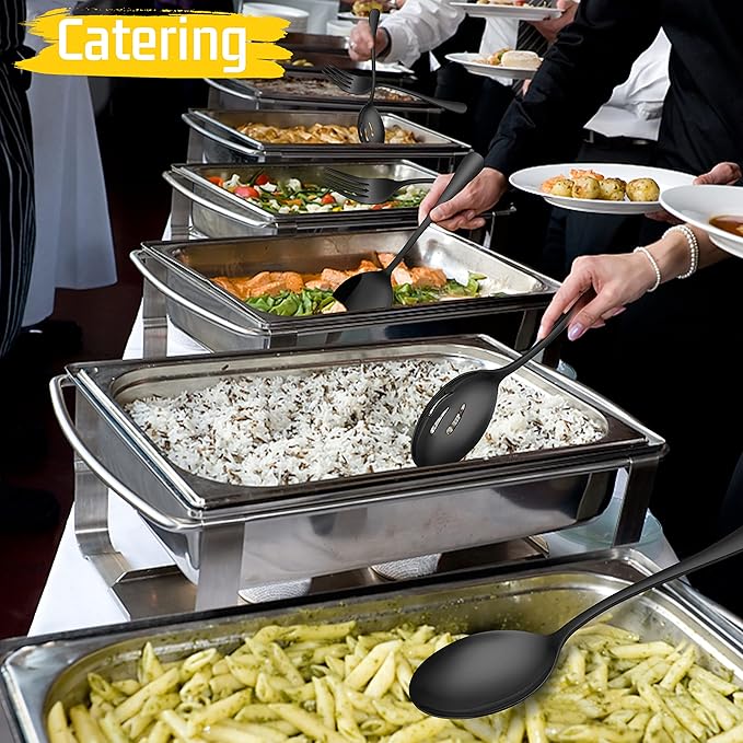Large Black Serving Utensils Set of 8, E-far Stainless Steel 9.8 Inch Serving Spoon Slotted Spoon, 9.9 Inch Fork, 9.4 Inch Tong for Buffet Catering, Mirror Finish & Dishwasher Safe