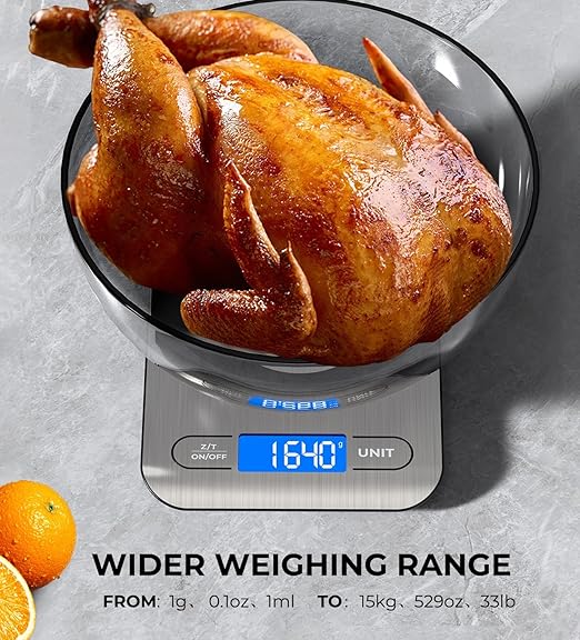 AZC Rechargeable Food Scale,33 lb Kitchen Scale, Digital Weight Grams and Ounces, 6 Units with Tare Function,8.2 x 6 x 0.7 inches