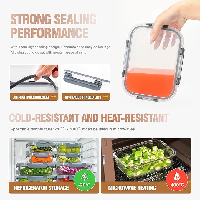 10-Pack Meal Prep Containers with Snap Locking Lids, Glass Airtight Lunch, Food Storage Containers, Microwave, Oven, Freezer and Dishwasher Friendly, Gray