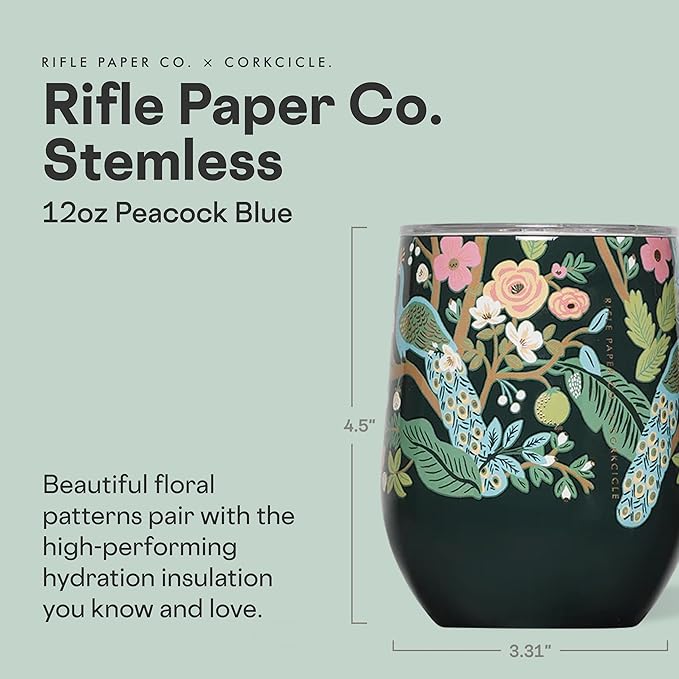 Corkcicle Stemless Insulated Wine Glass Tumbler - Keeps Beverages Cold 6 Hrs Hot 3 Hrs - Stainless Steel - Easy-Grip - Gift for Mom - Great for Mother's Day or Christmas - 12 oz - Peacock Blue