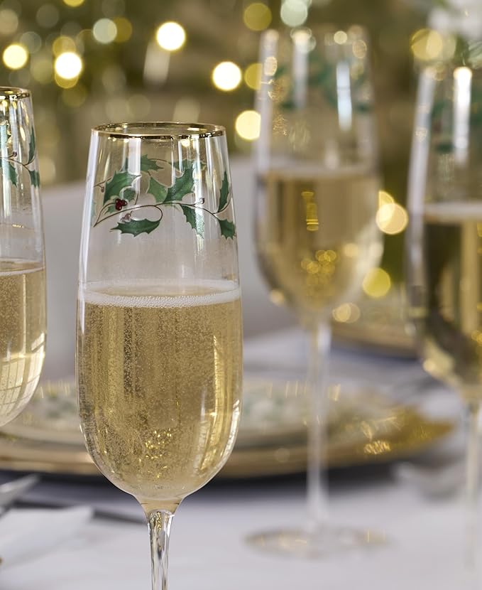 Lenox Glassware, Holiday Decal Flutes, Set of 4, 11-Ounce Capacity, Made From Glass, Dishwasher Safe Flutes, Drinking Glasses Set, Home And Kitchen, Champagne Flute, Champagne Glasses (Clear, 4 Piece)