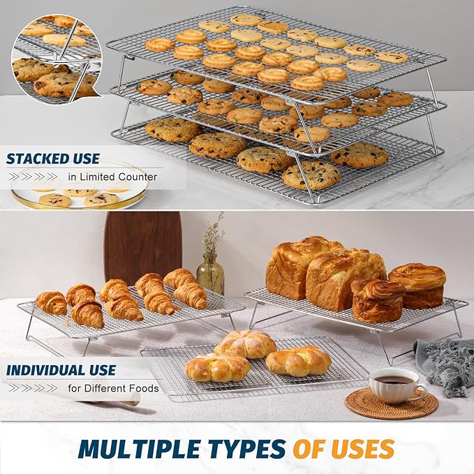 Stainless Steel Stackable Cooling Rack for Baking, 3 Tier 12”x 16.5”,Oven & Dishwasher Salf and Fit Half Sheet,Wire Cooling Racks for Cookie, Pizza, Cake