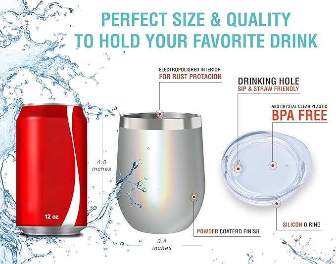 CHILLOUT LIFE 12 oz Stainless Steel Wine Tumblers 2 Pack - Double Wall Vacuum Insulated Wine Glasses Cups with Lids and Straws Set Keeping Cold & Hot for Coffee, Beer, Ice Cream - Holographic Glitter