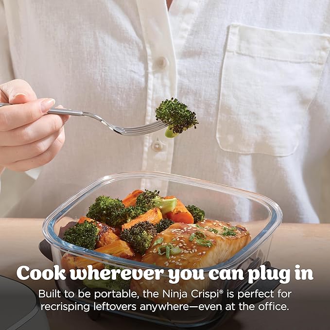 Ninja Crispi Air Fryer, Microwave, Freezer & Dishwasher Safe, Non Toxic Glass Portable Cooking System, 4 QT & 6 Cup Glass Containers with Storage Lids, Easy Meals, Air Fry, Bake, Stone, FN101ST