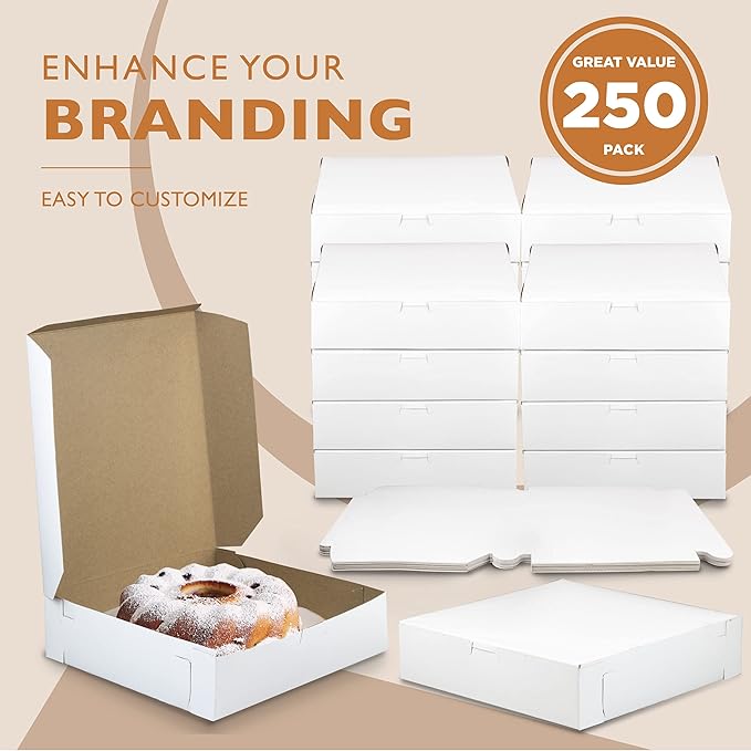Fit Meal Prep [250 Pack] White Pie Boxes - 10x10x2.5 Inch Square Bakery Boxes for Cookies, Cheesecake, Chocolate Covered Strawberries, Dessert, Macaroon, Bread - Bulk Paper Cardboard Boxes