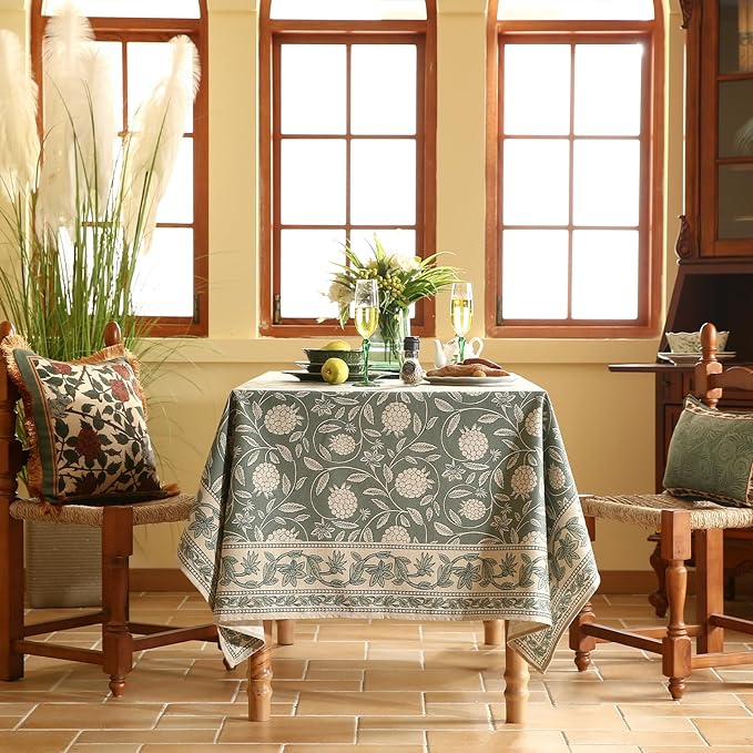 ISAENNE Designer Grayish Green Linen Long Rectangle Tablecloth,Floral Stain Resistant Table Cloth,Fall Vintage Decor Tablecloths for Dining Thanksgiving Kitchen Party,63"*94"-Andrew A