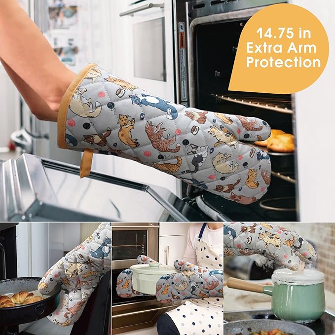 Oven Mitts Cotton Fashion Cute Cat Design 1pair Heat Resistant Oven Gloves Safe Cooking Baking Grilling Barbecue Machine Washable Pot Holders (Cat)
