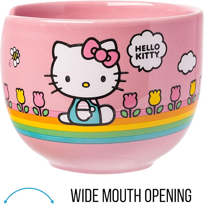 Silver Buffalo Hello Kitty Spring and Summer Flowers Rainbow Stripes Ceramic Ramen Noodle Rice Bowl with Chopsticks, Microwave Safe, 20 Ounces