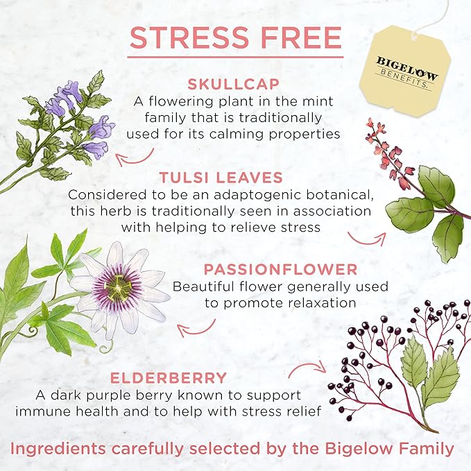 Bigelow Benefits Stress Free Rose & Mint Herbal Tea, Caffeine Free, 18 Count (Pack of 6), 108 Total Tea Bags