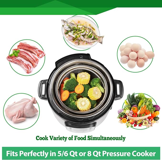 AOZITA Steamer Basket for Instant Pot Accessories 6 qt or 8 quart - 2 Tier Stackable 18/8 Stainless Steel Mesh - Silicone Handle - Vegetable Steamer Insert, Egg Basket, Pasta Strainer,Silver