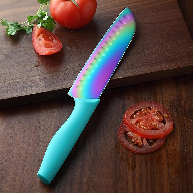 Marco Almond Knife Block Set, Knife Set Rainbow Color, 14 Piece Stainless Steel Kitchen Knife Sets with Block, KYA27 Chef Cooking Steak Knives Set for Kitchen