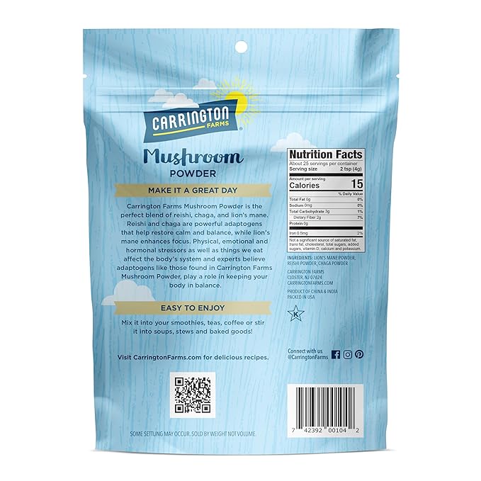 Carrington Farms Mushroom Powder – Wellness Blend of Lion’s Mane, Reishi, & Chaga for Nutrition Boost – Daily Superfood Formula of Adaptogens (3.5 oz) (Pack of 2)