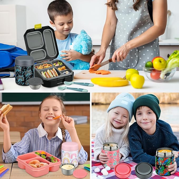 Itslife Bento Lunch Box Set for Kids with 12oz Soup Thermo&Lunch Bag, Leak-Proof Lunch Food Containers for Kids School, 5 Compartment, Sauce Cup, 10 Notes (Rainbow White)