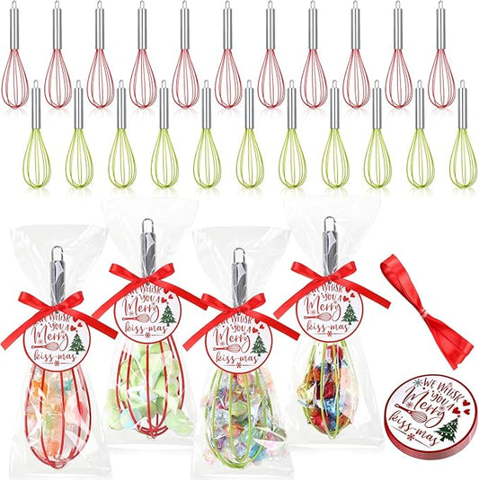 36 Sets 8 Inch Christmas Whisks Gifts DIY Fillable Christmas Tree Ornaments Xmas Colored Silicone Whisks for Cooking Heat Resistant Egg Beaters with Card Rope Bag for Candy Holder