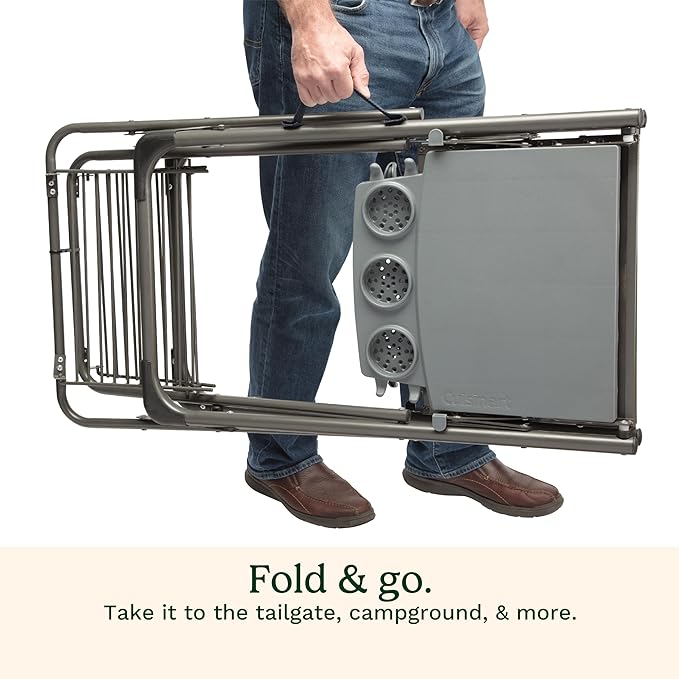 Cuisinart Take Along Grill Stand, Lightweight Portable Folding Table with Side Tables, Cup Holders, Tool Hooks and Storage Shelf, Collapsible Table, No Assembly Required for BBQs and Camping