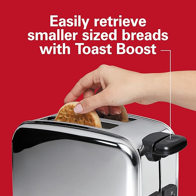 Hamilton Beach Retro Toaster with Wide Slots, Sure-Toast Technology, Bagel & Defrost Settings, Auto Boost to Lift Smaller Breads, 2 Slice, Polished Stainless Steel (22782)