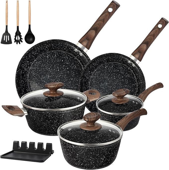 Pots and Pans Set Non Stick, 12pcs Black Ceramic Cookware Set, Non-toxic Induction Cookware Kitchen Cooking Set, PFAS and PFOA Free