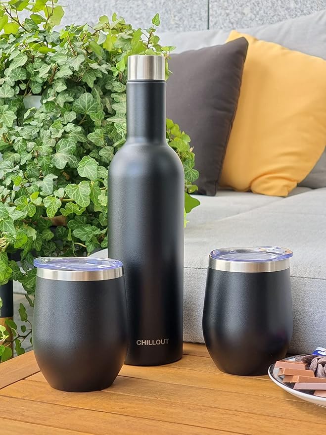 CHILLOUT LIFE 12 oz Stainless Steel Wine Tumblers 2 Pack & 1 Insulated Wine Bottle - Double Wall Vacuum Insulated Wine Glasses Cups with Lids and Straws Set Keeping Cold & Hot Gift Set