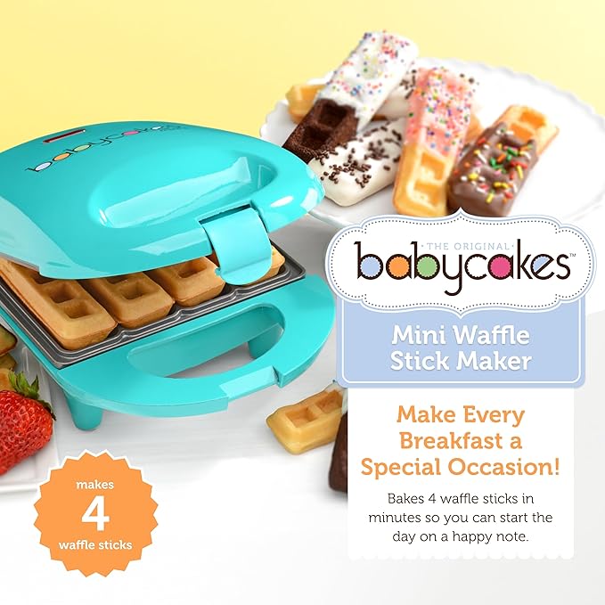 Babycakes Mini Waffle Stick Maker by Select Brands - Mini Waffle Stick Maker for Breakfast - Features Nonstick Coating & Non-Skid Feet - Kitchen Appliance - Makes 4
