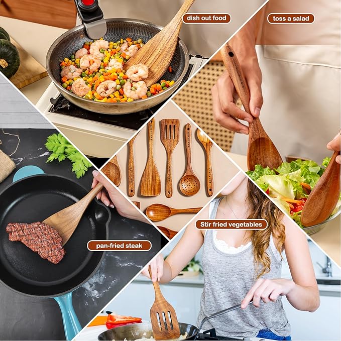 Christmas Teak Wooden Kitchen Utensil Set,12 Pcs Natural Wooden Spoons for Cooking with Red & Green Christmas Gift Packaging, Non-Stick Friendly(12 PCS Xmas Gift)