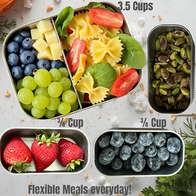 Flexibento - Leak proof Stainless Steel Lunch Box | Lunch Containers with Lids | Steel Bento Box | Meal prep| Snack Containers |Metal lunch Box (Midnight -3PC set (1 * 27 oz + 2 * 6.5oz))