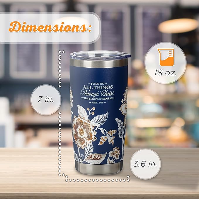 Christian Art Gifts Stainless Steel Scripture Tumbler Travel Mug for Women: All Things Through Christ Inspirational Bible Verse, Double-wall Vacuum Insulated w/Lid Hot/Cold, Navy Blue Floral, 18oz.