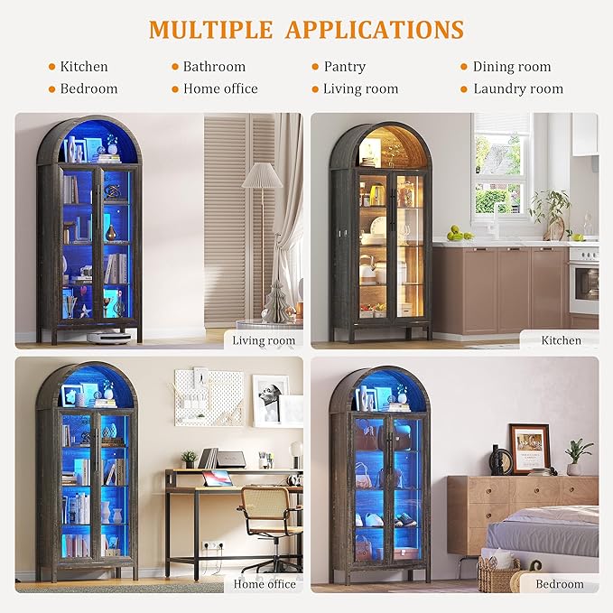 Arched Kitchen Pantry Cabinet with Glass Doors, Display Curio Case with 3 Color LED Lights for Collectibles, Modern 5-Tier Storage Hutch Cabinet Brown