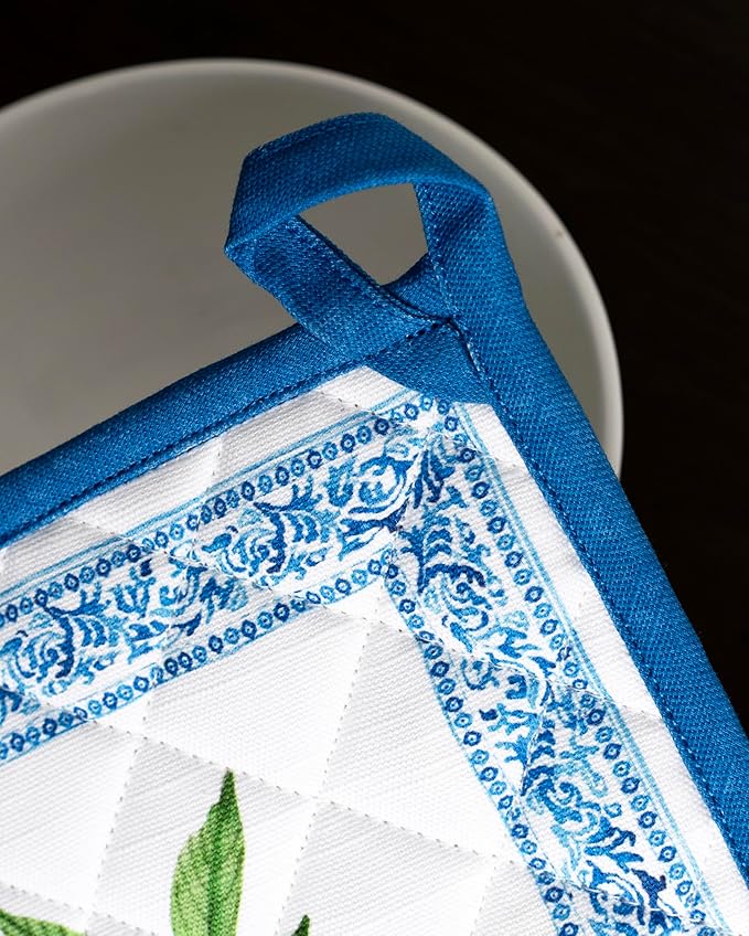 Maison d' Hermine Pot Holders 100% Cotton Heat Resistant Potholders 8" x 8" Hot Pads with Loop BBQ, Cooking, Baking, Grilling, Kitchen, Handling Hot Pans Spring/Summer (Pack of 1, Cedrat)