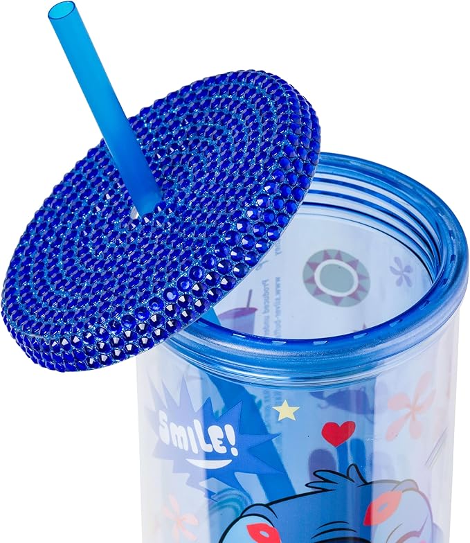 Silver Buffalo Lilo and Stitch Smiles Kisses and Icons Rhinestone Lid 20oz Plastic Tall Cold Cup w/Lid and Straw