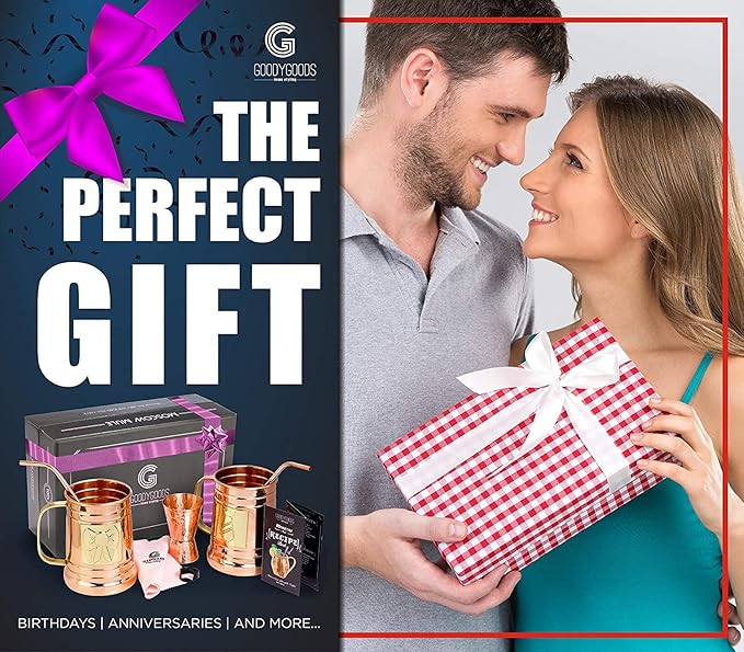 G GOODYGOODS Moscow Mule Copper Mugs: Make Any Drink Taste Better! 100% Pure Solid Copper His & Hers Gift Set - 2 Hammered 18 OZ Cups, 2 Unique Straws, Jigger & Recipe Booklet