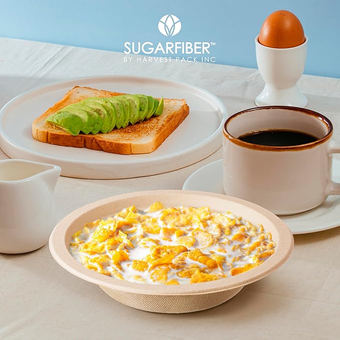 [600 Count] Harvest Pack PFAS Free 12oz Round Compostable Paper Bowls Bulk, Disposable Heavy-Duty Eco-Friendly Bagasse Bowls, Sugarcane Natural Plant fibers for Meal Prep Takeout Dinnerware