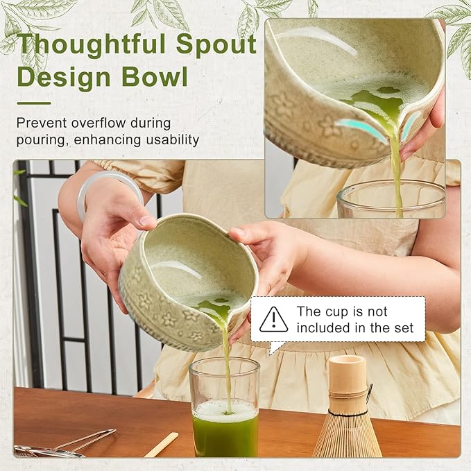5Pcs Matcha Whisk Set, 18OZ Bowl With Spout, Japanese Ceremony Matcha Whisks Kit, 100% Natural Bamboo Whisk, Ceramic Whisk Holder (Green), Stainless Sifter, Tea Scoop, Gift for Matcha Lovers Beginner
