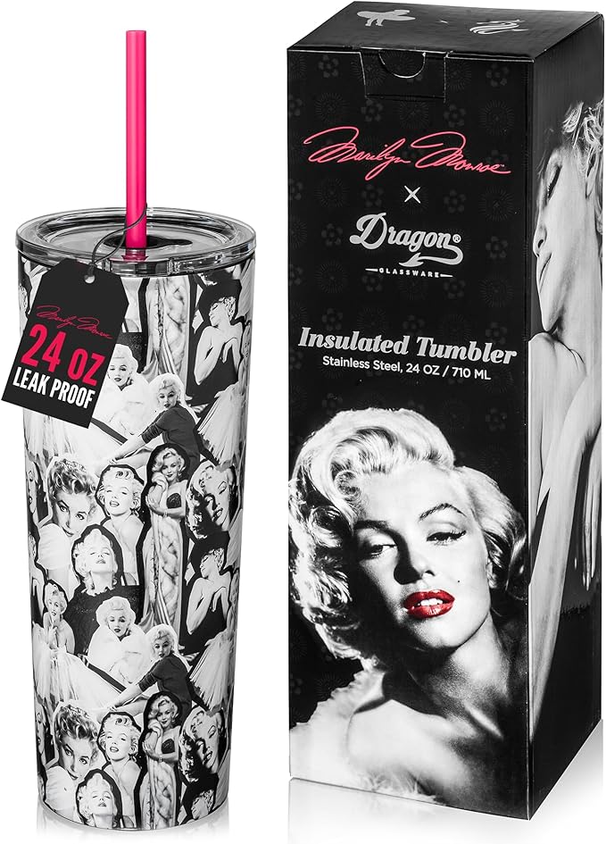 Dragon Glassware x Marilyn Monroe Vacuum Insulated Tumbler with Lid and Straw - 24 oz Tumbler Cup with 2 Straws - Stainless Steel Tumbler with Straw for Water, Iced Tea
