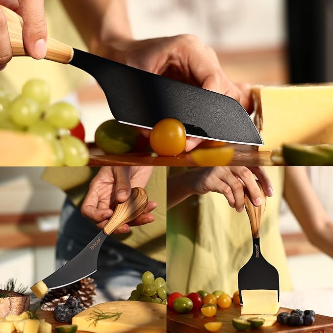 hecef Cheese Knife Set of 3, Includes Pronged, Hard Cheese & Chisel Knife, Matte Black Stainless Steel Knives with Wood Grain Handles, Cheese Tools for Charcuterie Boards, Entertaining