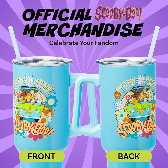Silver Buffalo Scooby Doo Mystery Machine Featuring Shaggy, Velma, Fred and Daphne Stainless Steel Tumbler with Handle and Straw, Fits in Standard Cup Holder, 40 Ounces