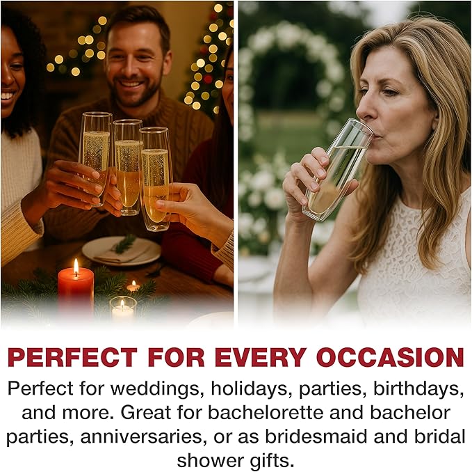 Eparé Double Wall Stemless Champagne Flutes Glass - Set of 2 Lightweight Mimosa and Prosecco Glasses for Bridal Shower, Bridesmaid Gift - Modern Stemless Champagne Glasses
