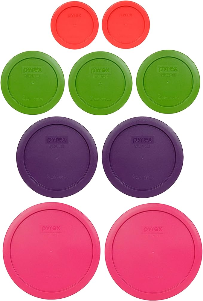Pyrex 9 Item Bundle: (2) 7402-PC Fuschia Pink Lids, (2) 7201-PC Purple Lids, (3) 7200-PC Lawn Green Lids, (2) 7202-PC Red Lids Made In The USA