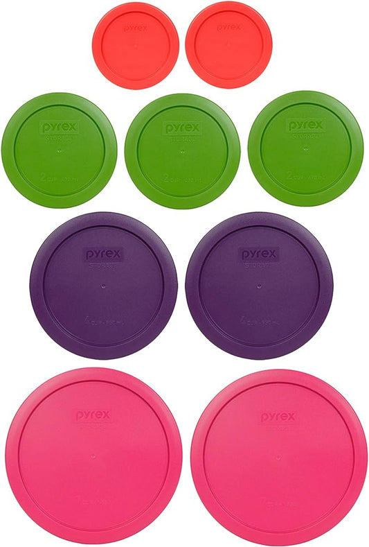 Pyrex 9 Item Bundle: (2) 7402-PC Fuschia Pink Lids, (2) 7201-PC Purple Lids, (3) 7200-PC Lawn Green Lids, (2) 7202-PC Red Lids Made In The USA