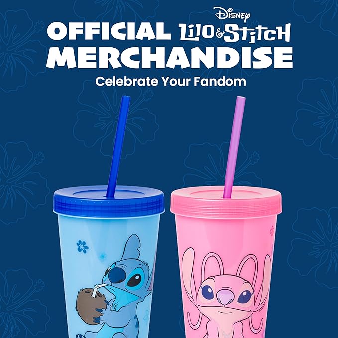 Silver Buffalo Disney Lilo and Stitch Angel Coconut Flowers 2 Pack Color Change Plastic Tumbler, 24-Ounce