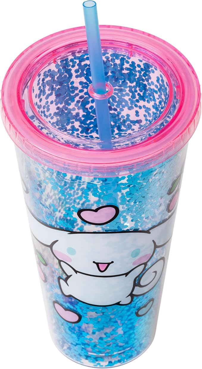 Silver Buffalo Sanrio Hello Kitty and Friends Cinnamoroll Hearts and Cherries Plastic Confetti Cold Cup with Lid and Straw, 32 Ounces