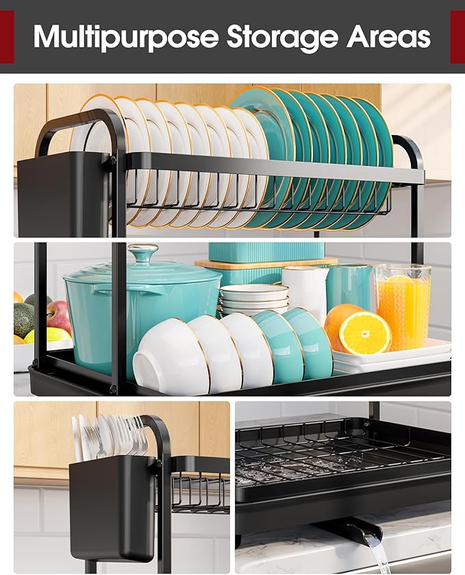 Sakugi 2-Tier Dish Drying Rack - Stainless Steel Dish Rack with Cutlery & Utensil Holders for Kitchen Counter, Sink Organization and Storage Essentials, Home Decor, 15" W x 11.4" L x 15" H, Black