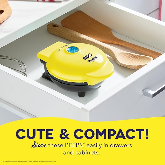 PEEPS x Dash Chick Mini Waffle Maker for Individual Waffles, Hash Browns, Keto Chaffles with Easy to Clean, Non-Stick Surfaces, 4 Inch - Yellow
